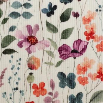 Baumwollrippjersey Mia Blüten Petrol/Lila auf Naturweiß von Swafing